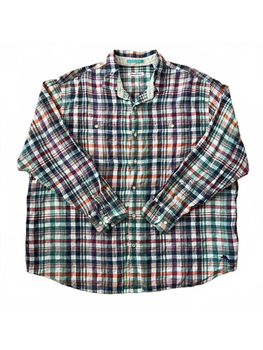 Tommy Bahama Mens Linen Long Sleeve Button Up Shirt Multicolor Plaid Size 2XLB
